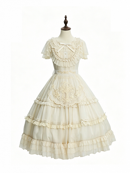 Beige Dots Tulle Flutter Sleeve Lolita Dress - Green Castle
