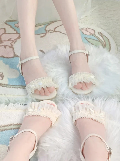 Mid-heel Ruffled Lolita Sandals Top Beige Elegant Bow Accent