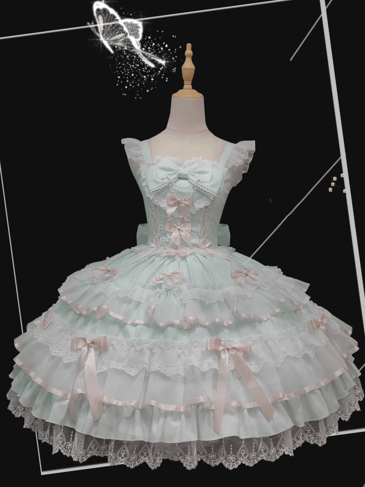 Schnürung an der Taille, Spitzenbesatz, Ärmel, Old School Lolita Baumwolle, Grün, Mint, Pullover, Flatterrock, Kleid