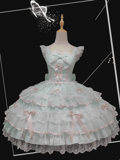 Schnürung an der Taille, Spitzenbesatz, Ärmel, Old School Lolita Baumwolle, Grün, Mint, Pullover, Flatterrock, Kleid