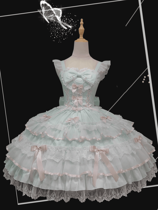 Schnürung an der Taille, Spitzenbesatz, Ärmel, Old School Lolita Baumwolle, Grün, Mint, Pullover, Flatterrock, Kleid