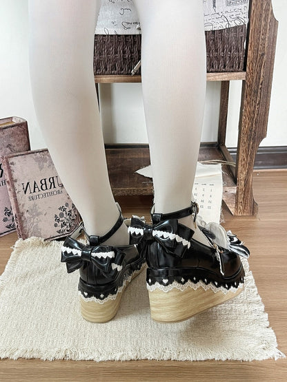 Black Rabbit Bowknot Heart Lace Round Toe Lolita Shoes - Cheese Mango