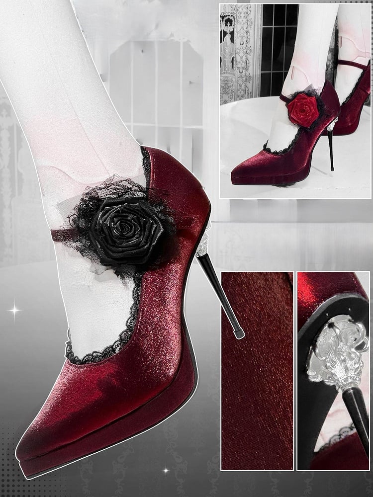 Satin Red Toe Floral High Decorated Heels Pointed Gothic