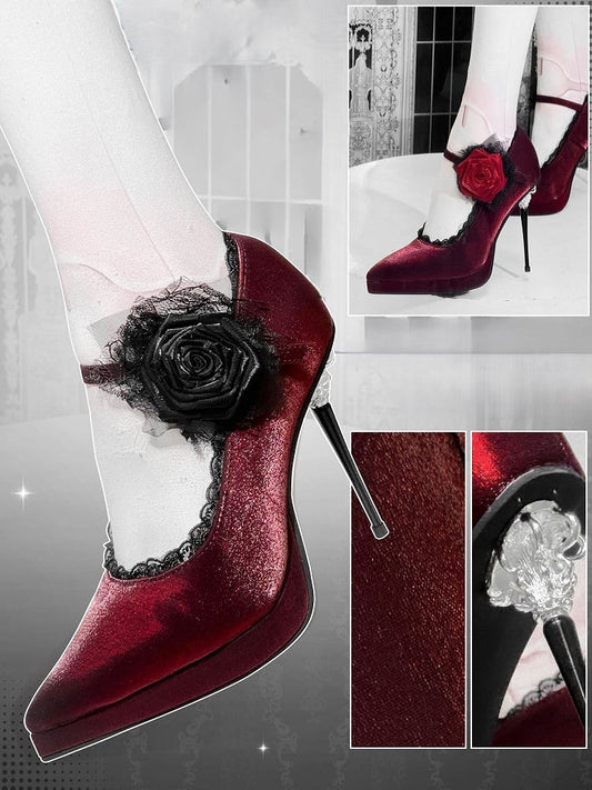 Satin Red Toe Floral High Decorated Heels Pointed Gothic