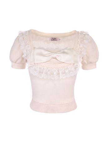 Trim Bow Apricot Top Slim-Fit Puff Playful With Lace Sleeve