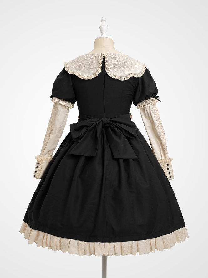 Black Neckline Embroidered Lolita Bear Lace Sweet Trim Teddy Sleeves Puff Dresswith