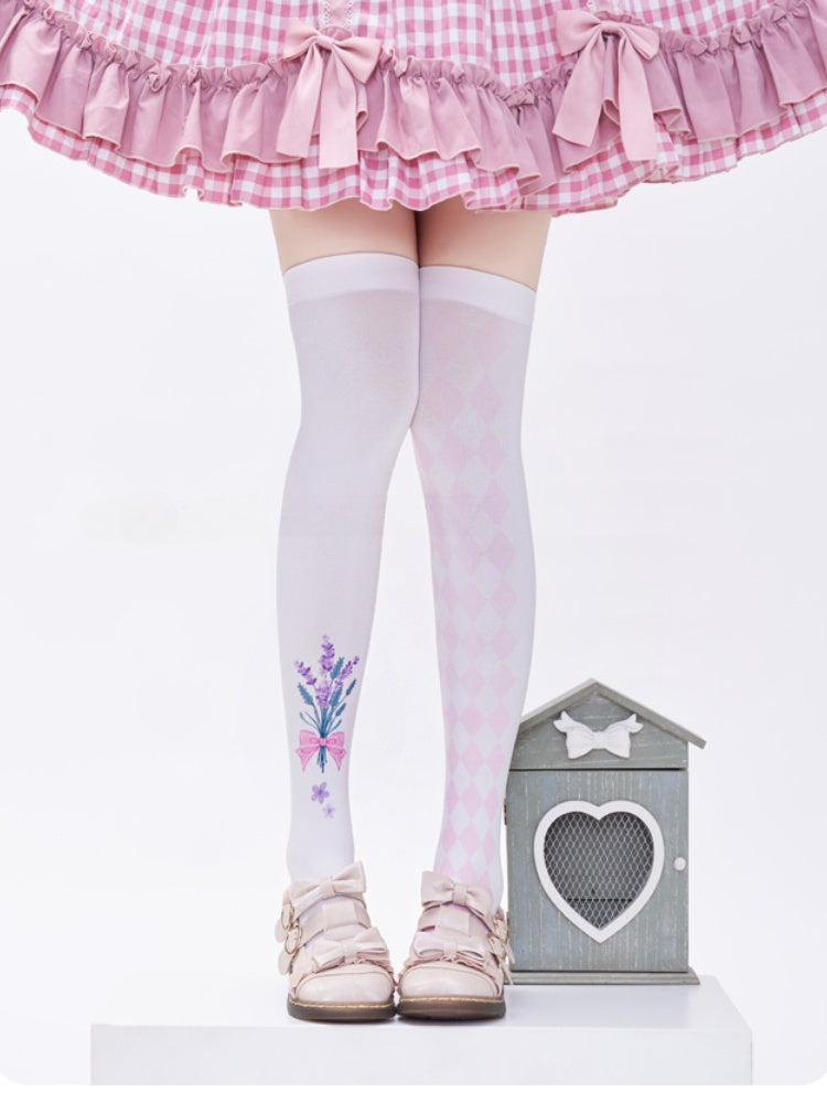 White & Pink Lavender Print Diamond Pattern Over Knee Stockings