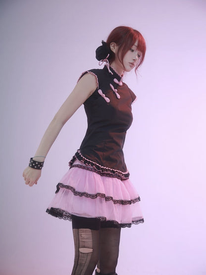 Black Sleeveless Cheongsam Buckle Top