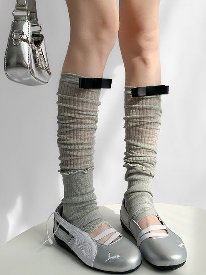 Details Sleeves Leg White/Gray Bowknot Ribbed Trim