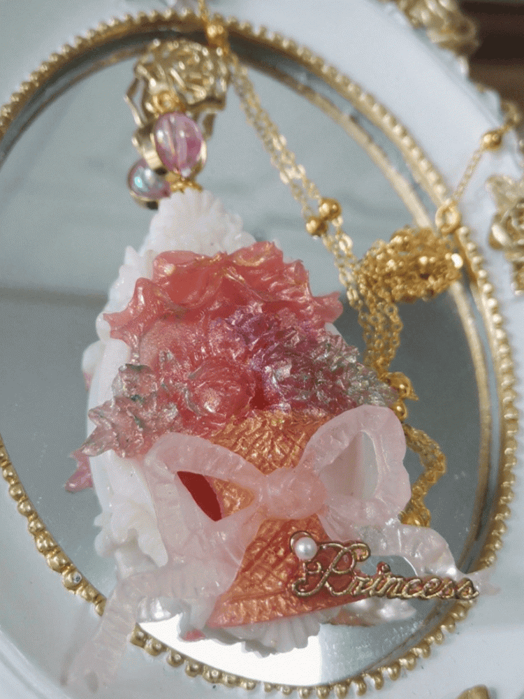 Pink Bowknot Lolita Basket Vintage Floral Cameo Necklace