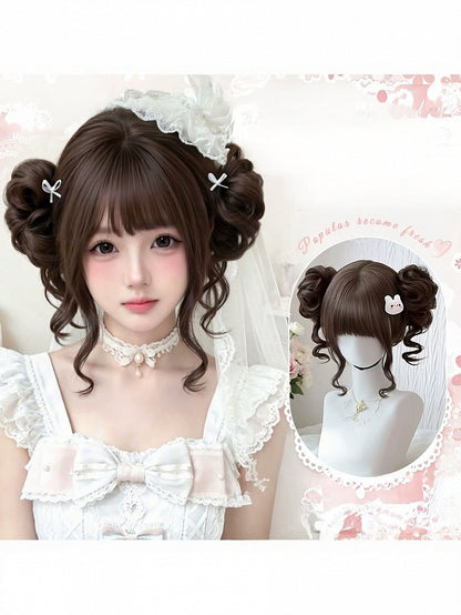 Brown Bob Wig with Bangs and Double Bun Clip - Meow Island Wig