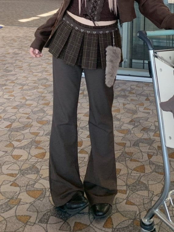 Pants Attached Pleat Box Tail Brown Charm Plaid with Skirt Flared