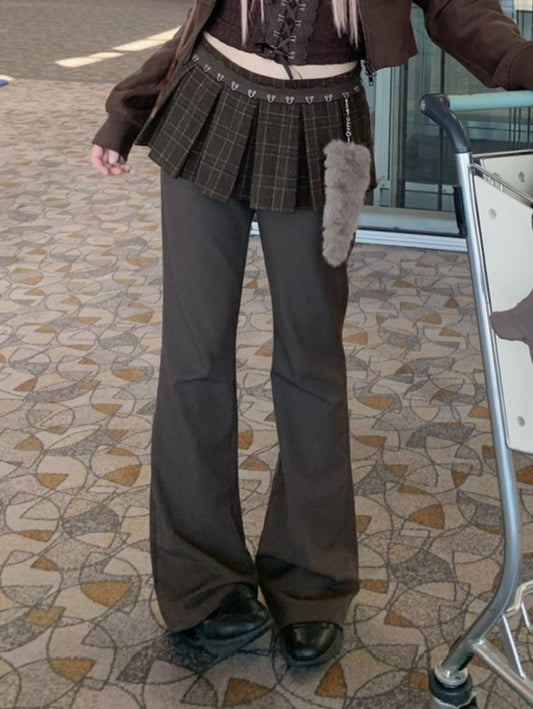 Pants Attached Pleat Box Tail Brown Charm Plaid with Skirt Flared