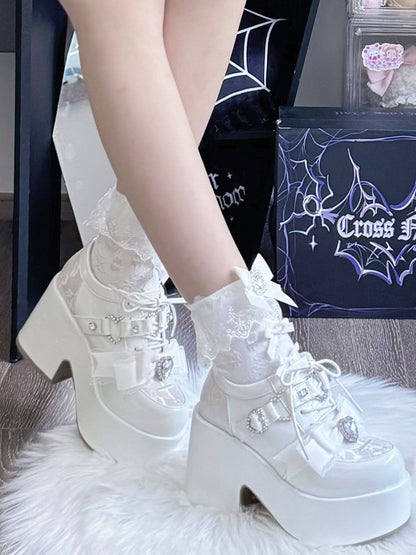 with Heart Bow Cross Mary Embroidery Jirai - Toe Heel Platform Rhinestone Janes Kei White
