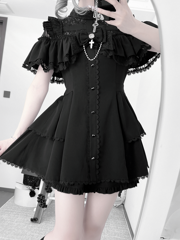 Black Jirai Kei Short Sleeve Two-Piece Set: Criss-Cross Illusion Neck Dress & Coord Shorts