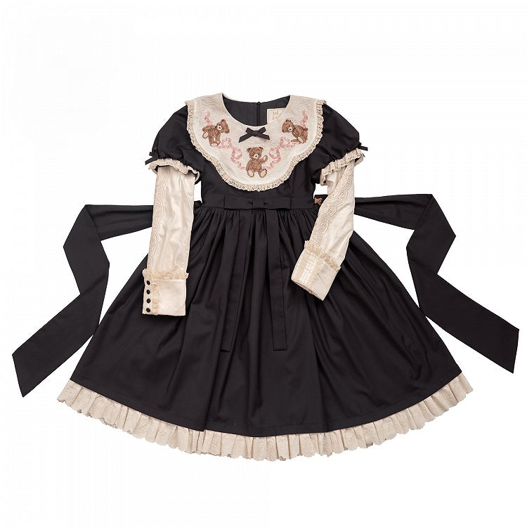 Black Neckline Embroidered Lolita Bear Lace Sweet Trim Teddy Sleeves Puff Dresswith