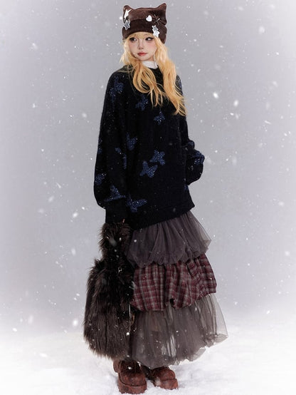 Grey Purple Plaid Patchwork Tiered Tulle Bubble Skirt