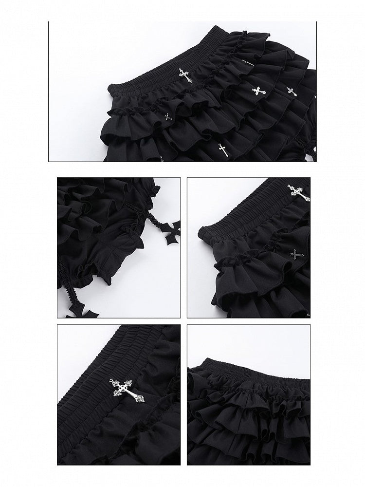 Built-in Charms Shorts Skirt Tiered Cross Black with Halloween Gothic