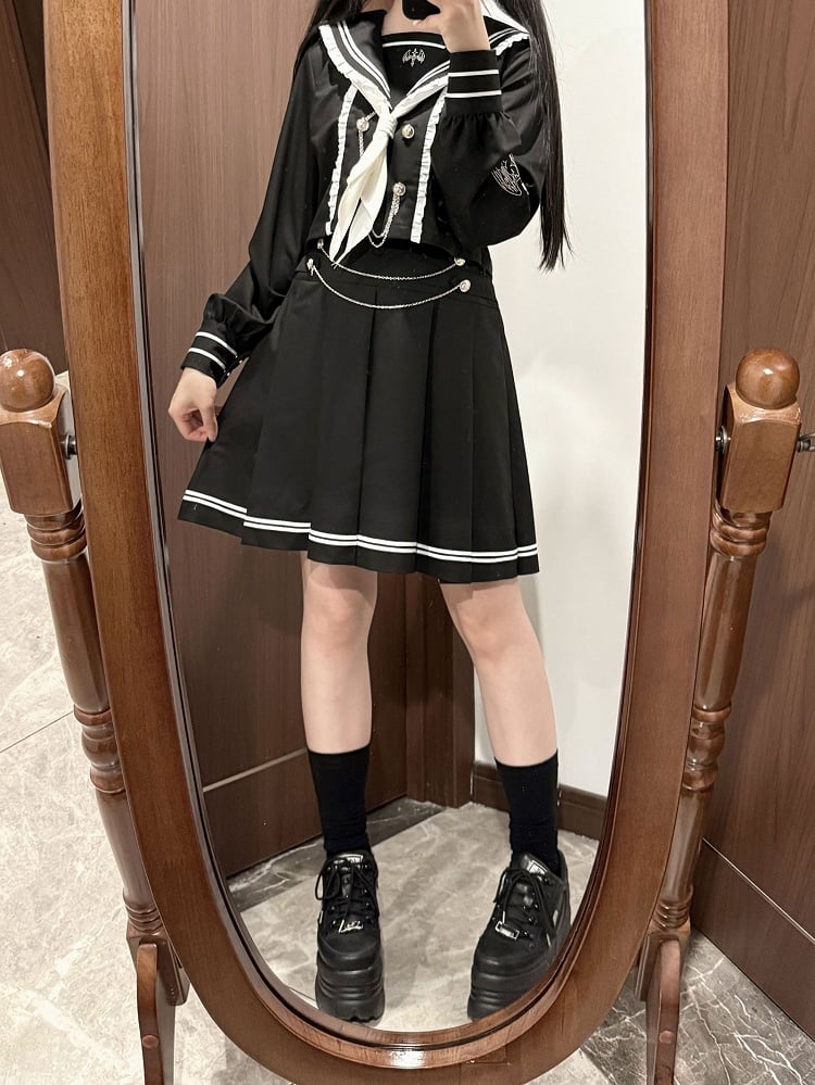Black Navycore JK Sailor Pleated Sleeves Set- + Top Collar Uniform Embroidered Long Skirt
