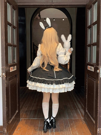 Beige Lace JSK Embellished Heart Sweet and Dress Black Ruffles with Bow Lolita Patch