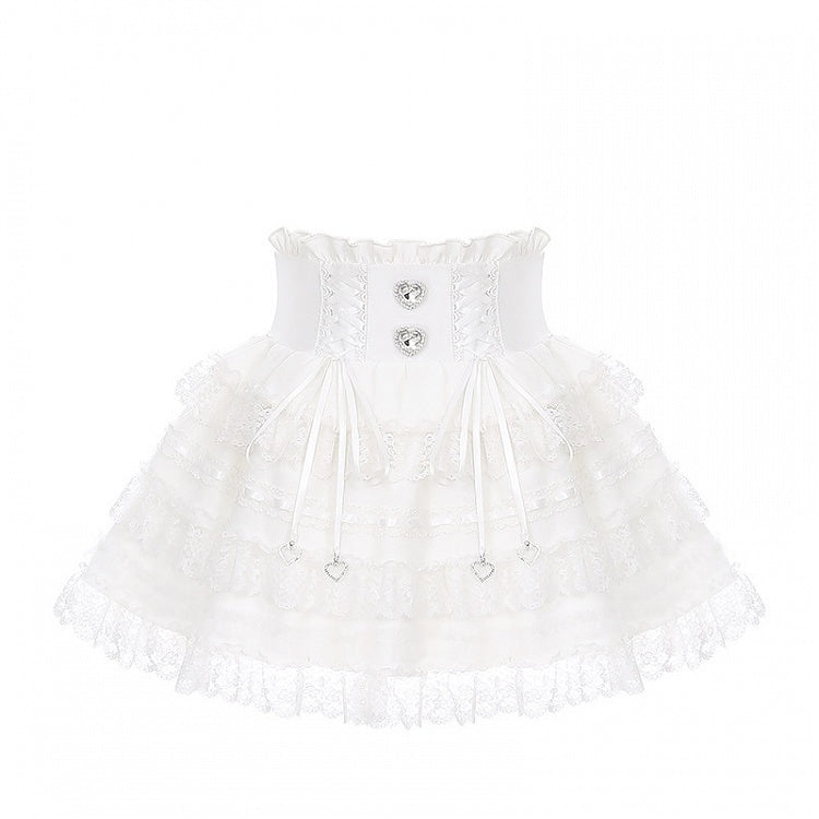 Ryousangata Tiered Ruffle Skirt with Lace Trim in White - Puppet Bombs
