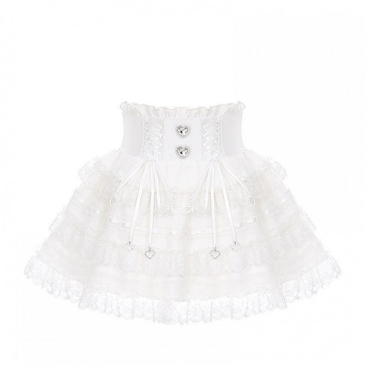 Ryousangata Tiered Ruffle Skirt with Lace Trim in White - Puppet Bombs