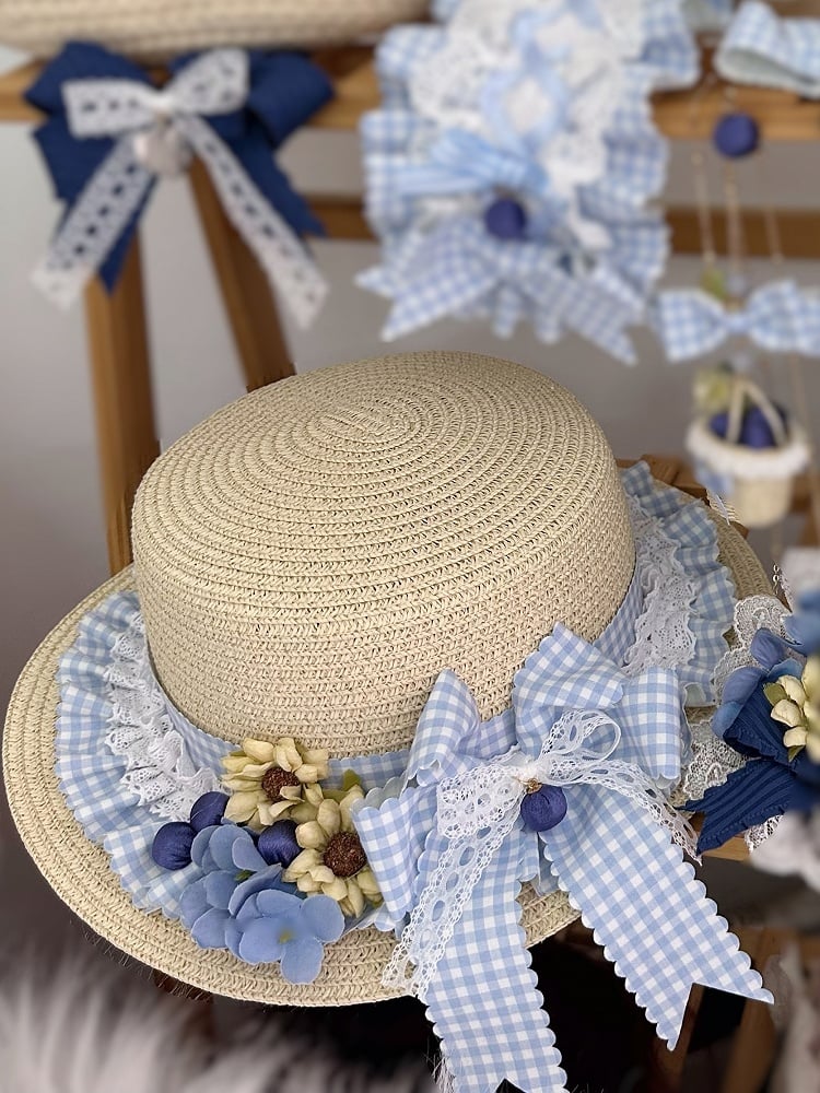 Blue Lace Light Lolita Gingham Country Hat Straw Floral