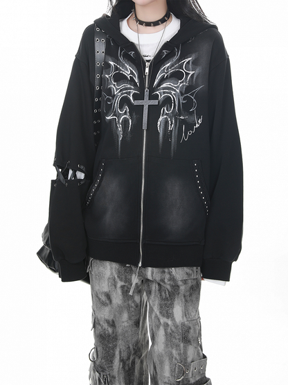 Black Vintage Punk Bunny Ear Hoodie with Zipper Closure