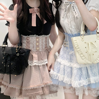 Waist Sweetheart Buttons Trim High Lace Black/Pink/Blue