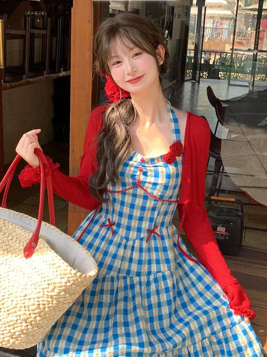 Strickjacke mit selbstbindendem Träger, Vintage, süßes Rot, Rüschenbündchen