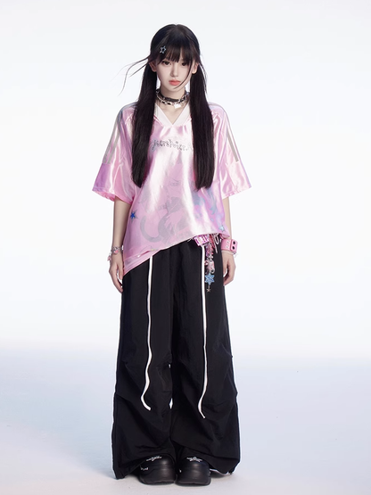 パッチワーク ワイドレッグ カジュアルパンツ チェック柄ウエスト ドローストリングカフス ブラック