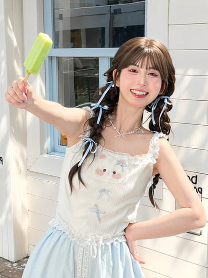 Cami Top mit Schleife und Plüsch-Kätzchen-Applikation, gerüschter Spitzenbesatz, Weiß