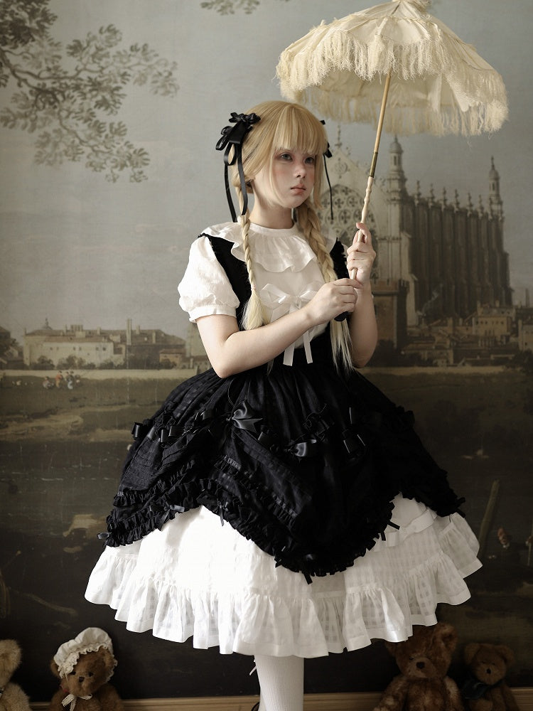 Dark Checkered Multi-Tier Bow Lolita Jumperdress