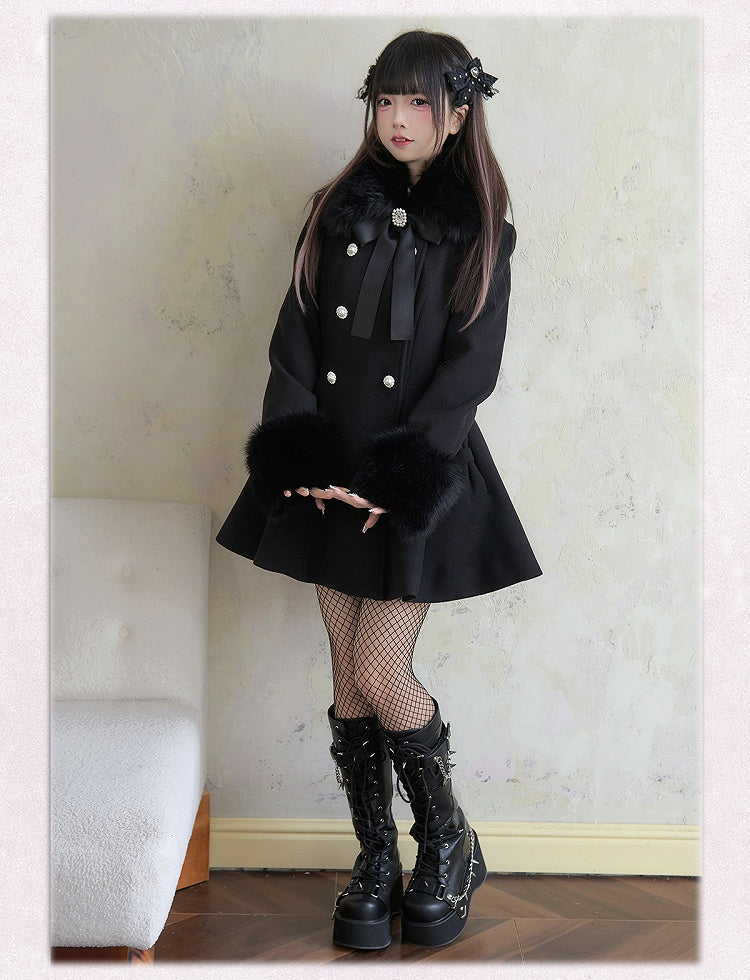 Rhinestone Double Detachable Jirai Kei Big Bow with Black Coat Breasted Fluffy Collar and Cuffs