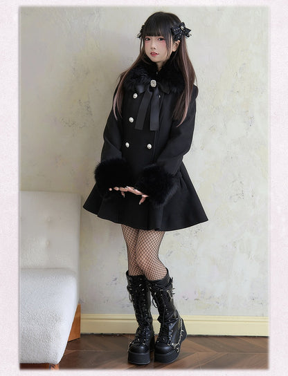Rhinestone Double Detachable Jirai Kei Big Bow with Black Coat Breasted Fluffy Collar and Cuffs