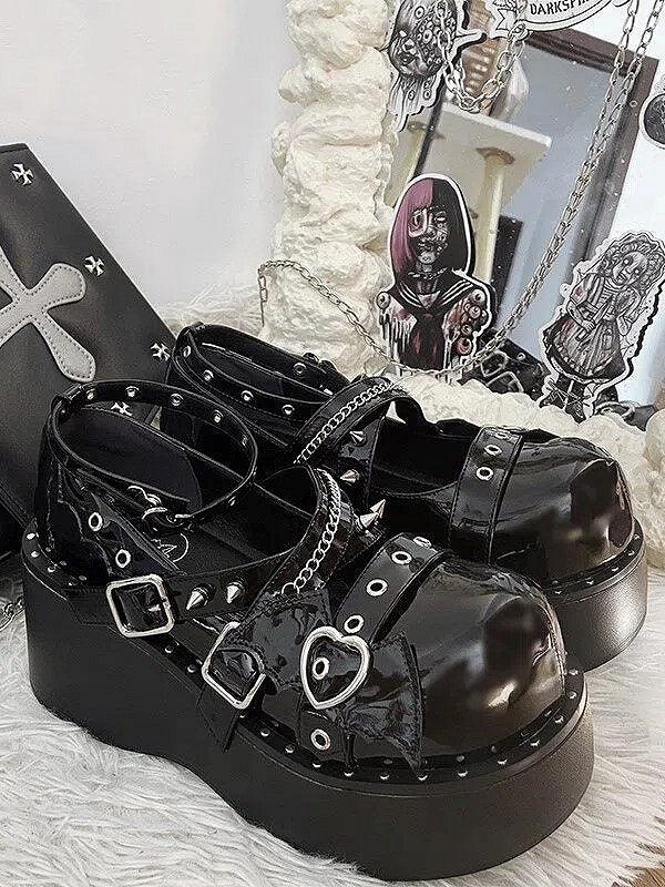 Gothic Black 4.5cm/7cm Platform Shoes with Bat Accents & Crisscross Straps