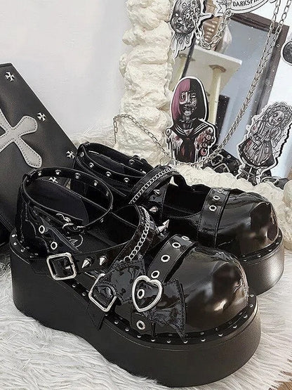 Gothic Black 4.5cm/7cm Platform Shoes with Bat Accents & Crisscross Straps