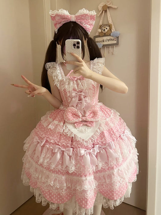 Süße Schleife rosa Kleid Punkte Lolita Polka Rock Muster Pullover Schule Akzente alt