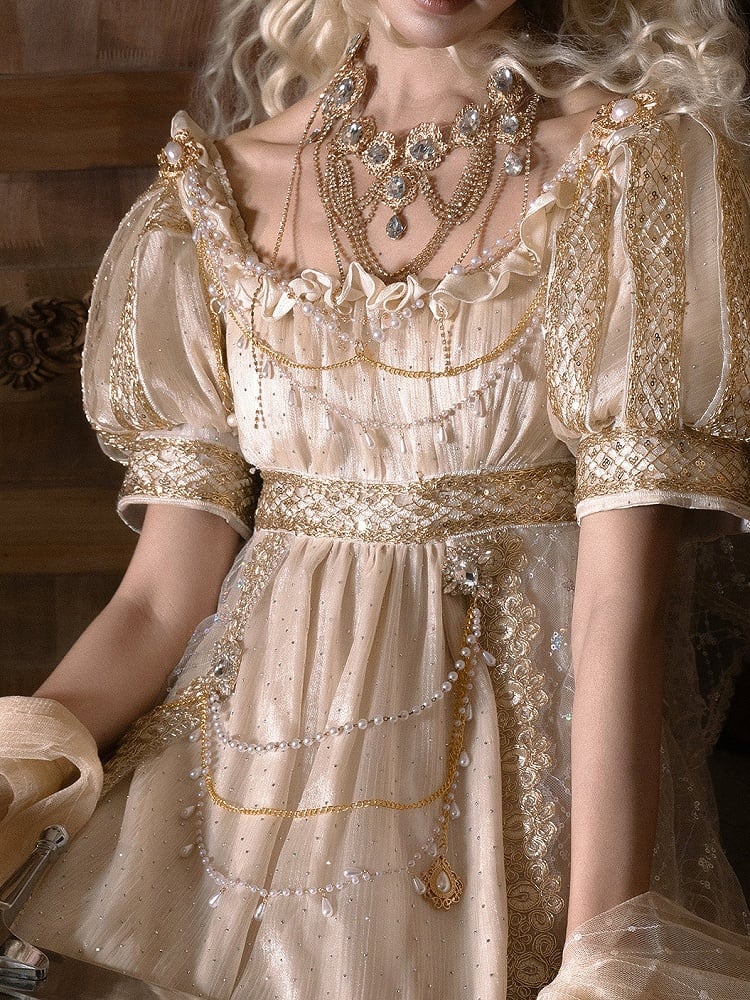 Bead White Chain Brooch / Golden Silver