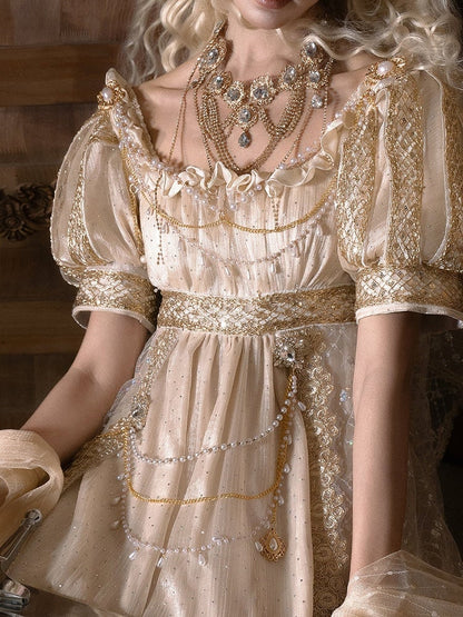 Bead White Chain Brooch / Golden Silver
