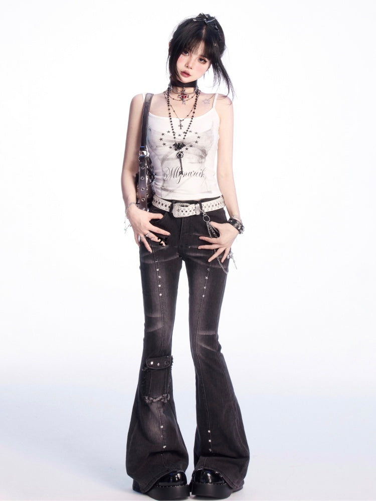 Rise Stud Flared Jeans Dunkelgrau Niedrige Details Verblasste Waschung Vintage