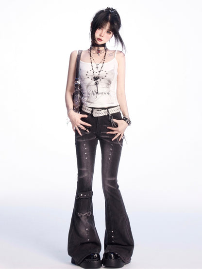 Rise Stud Flared Jeans Dunkelgrau Niedrige Details Verblasste Waschung Vintage