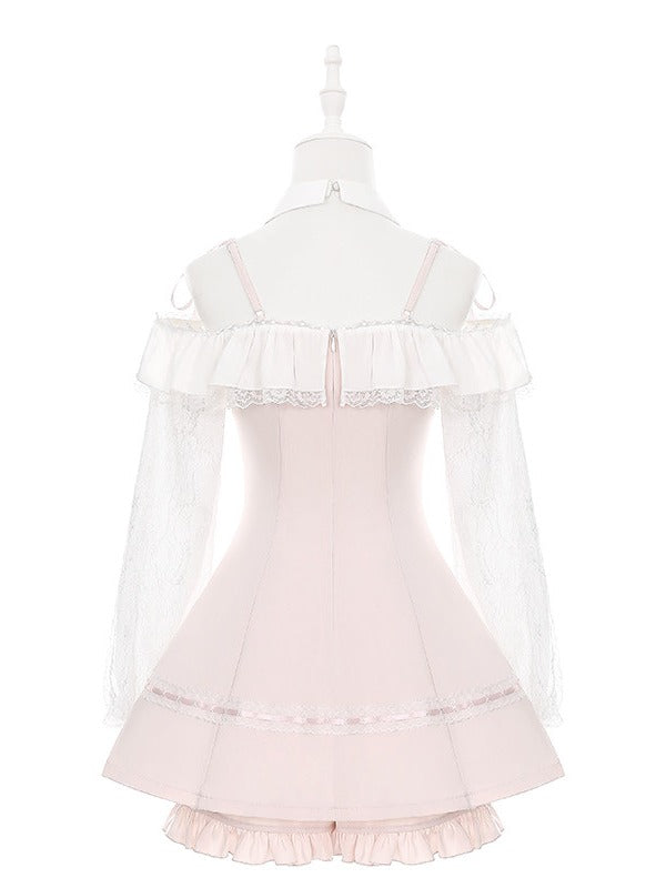 Pale Pink & White Ryousangata Two-Piece Set - Off-Shoulder Lace Long Sleeve Gown + Coordinating Shorts - Puppet Bombs