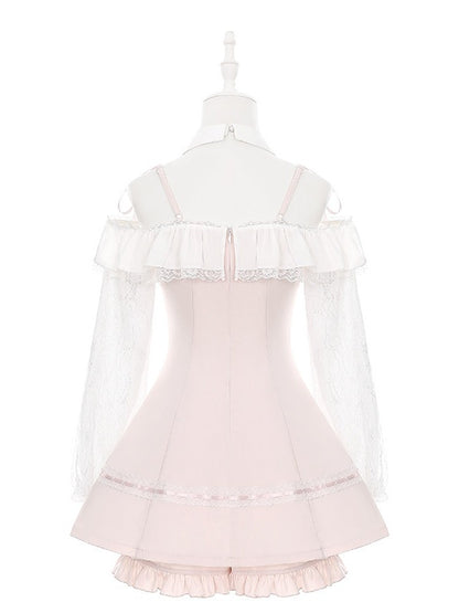 Pale Pink & White Ryousangata Two-Piece Set - Off-Shoulder Lace Long Sleeve Gown + Coordinating Shorts - Puppet Bombs