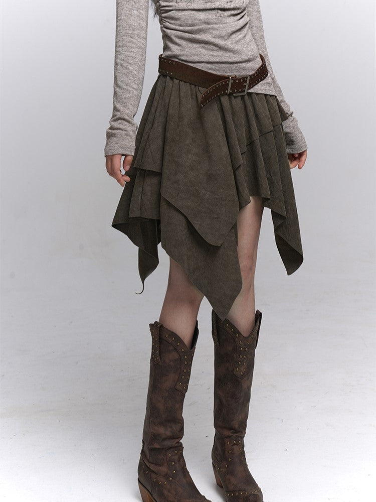 Brown Hem Millard Suede Wasteland Skirt Handkerchief A-Line Fashion Punk