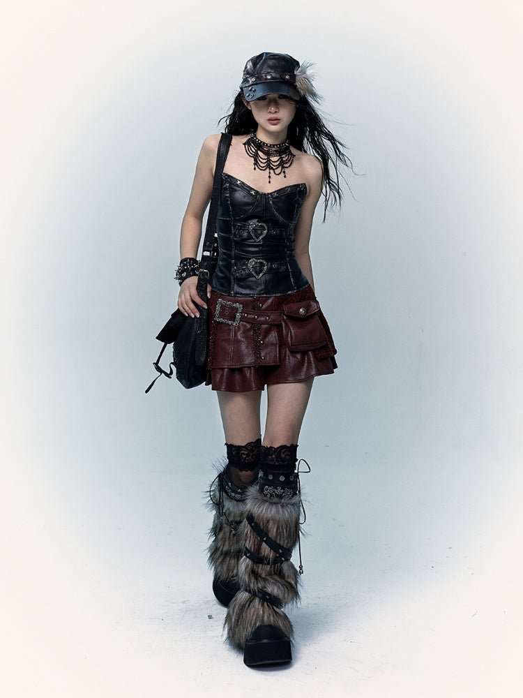 ブラック＆グレー スケルトン シャギー レッグウォーマー