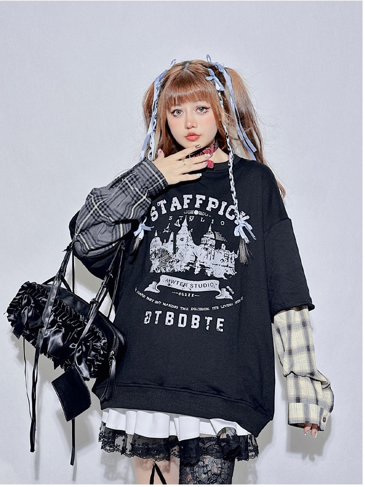 Black Plaid Round Neck Letter Layered-Look Sweatshirt