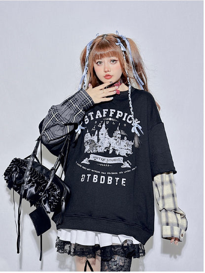 Schwarzes kariertes zweiteiliges Sweatshirt mit Rundhalsausschnitt und Buchstaben