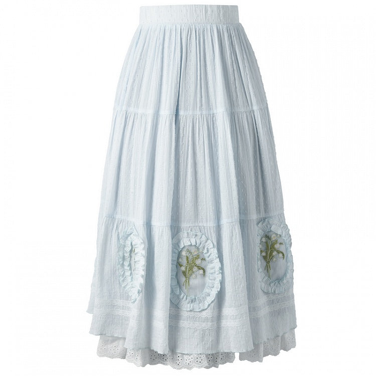 Skirt Light Blue Lily-of-the-Valley Embroidered Lace Trim Cutton
