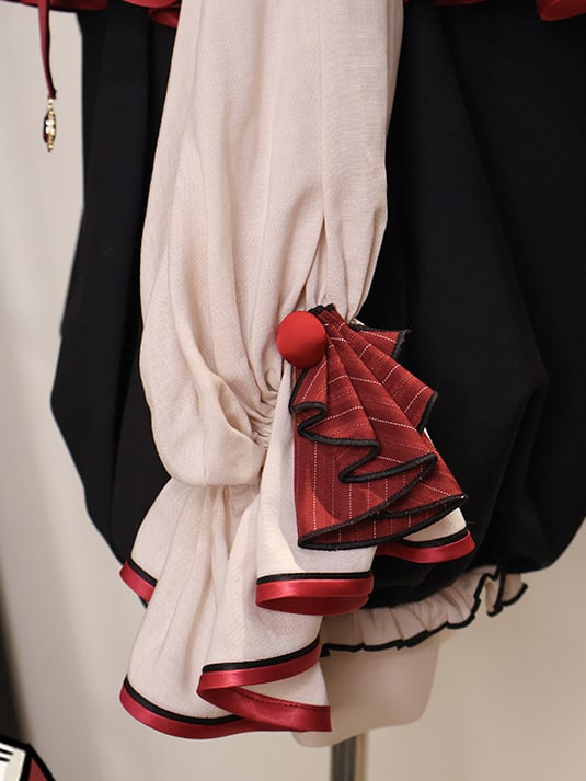 Black and Red Ouji Fashion Preppy Style Full Set-Beige Shirt + Red Waistcoat + High Waist Knickerbockers Shorts + Shawl+ Accessories